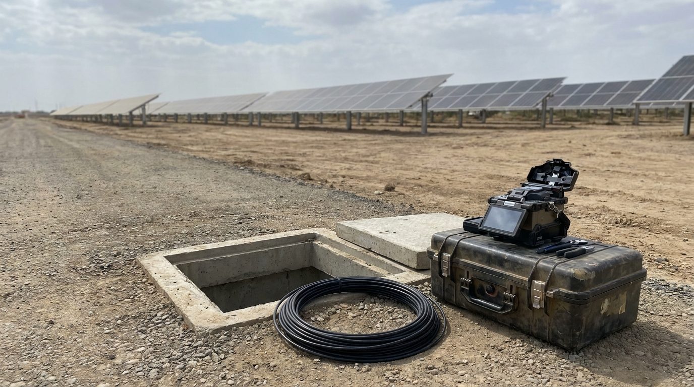 Fibre splicing workspace beside a handhole at a utility-scale solar farm